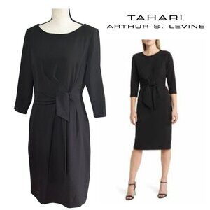 TAHARI Black Business Casual Sheath Dress 3/4 Sleeve Stretch Crepe Side Knot